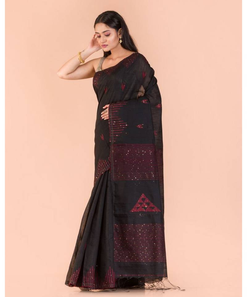 Black Sequins Handwoven Blended CottonSaree