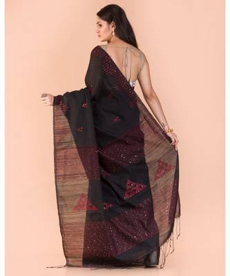 Black Sequins Handwoven Blended CottonSaree 3