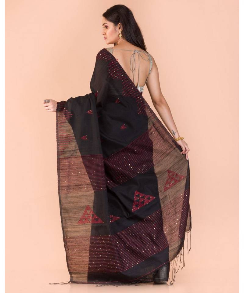 Black Sequins Handwoven Blended CottonSaree