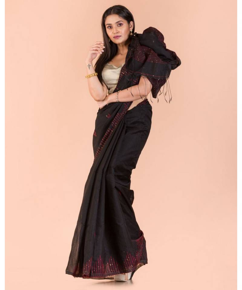Black Sequins Handwoven Blended CottonSaree