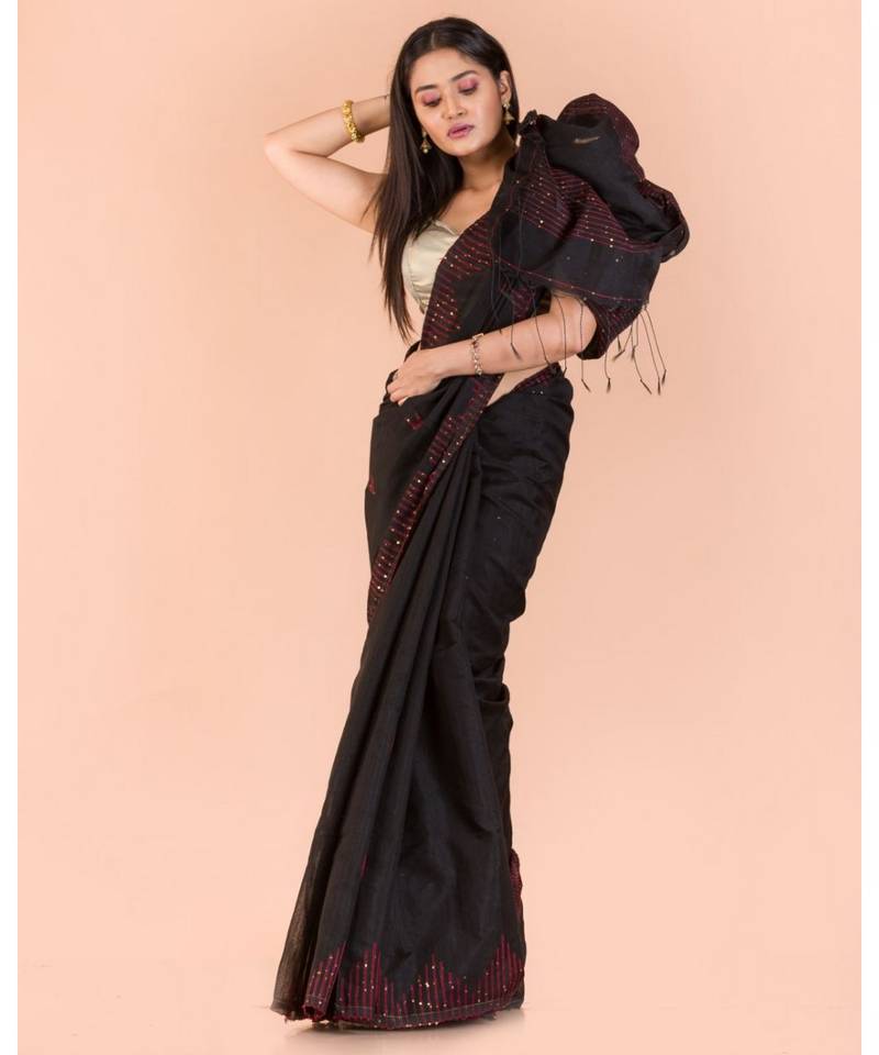 Black Sequins Handwoven Blended CottonSaree