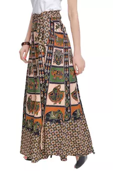 Beige Bagru Printed Cotton Wrap Around Long Skirt