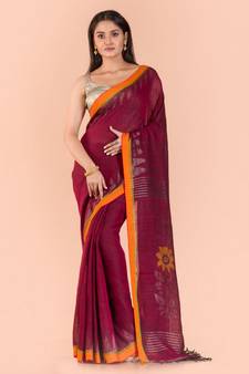 Maroon Handwoven Linen Saree