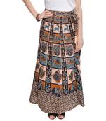 Beige Bagru Printed Cotton Wrap Around Long Skirt