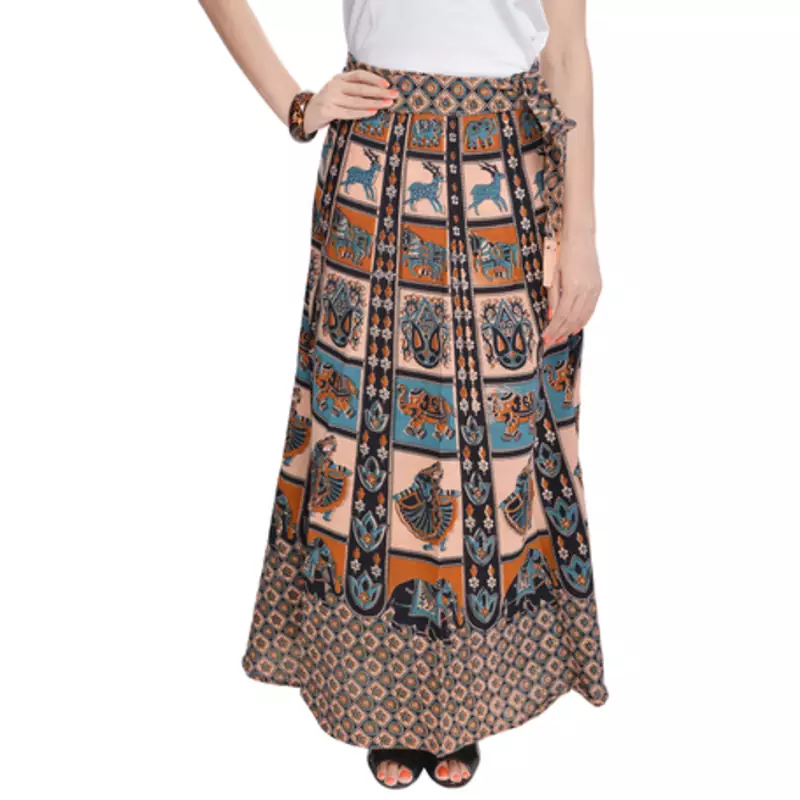 Beige Bagru Printed Cotton Wrap Around Long Skirt