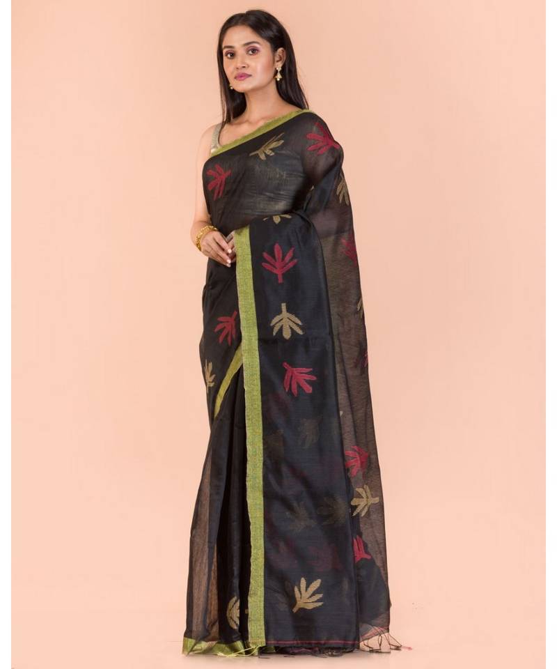 Black Blended Cotton Jamdani Saree