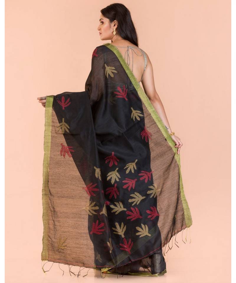 Black Blended Cotton Jamdani Saree