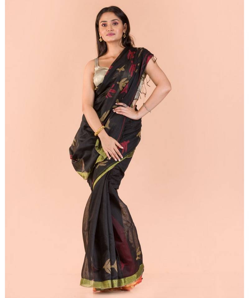 Black Blended Cotton Jamdani Saree