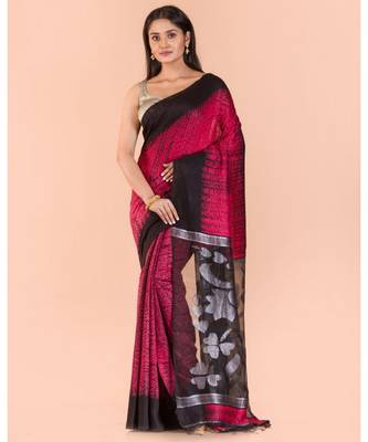 Rose Red Black Matka Silk Jamdani Saree 1