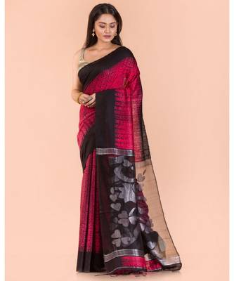 Rose Red Black Matka Silk Jamdani Saree 2