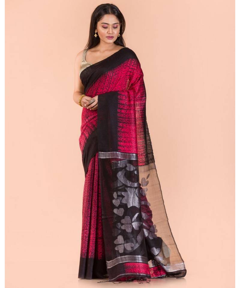 Rose Red Black Matka Silk Jamdani Saree