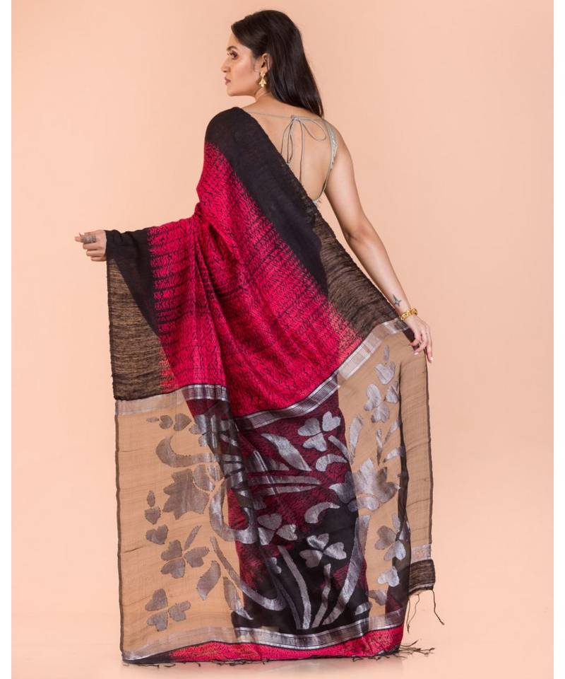 Rose Red Black Matka Silk Jamdani Saree