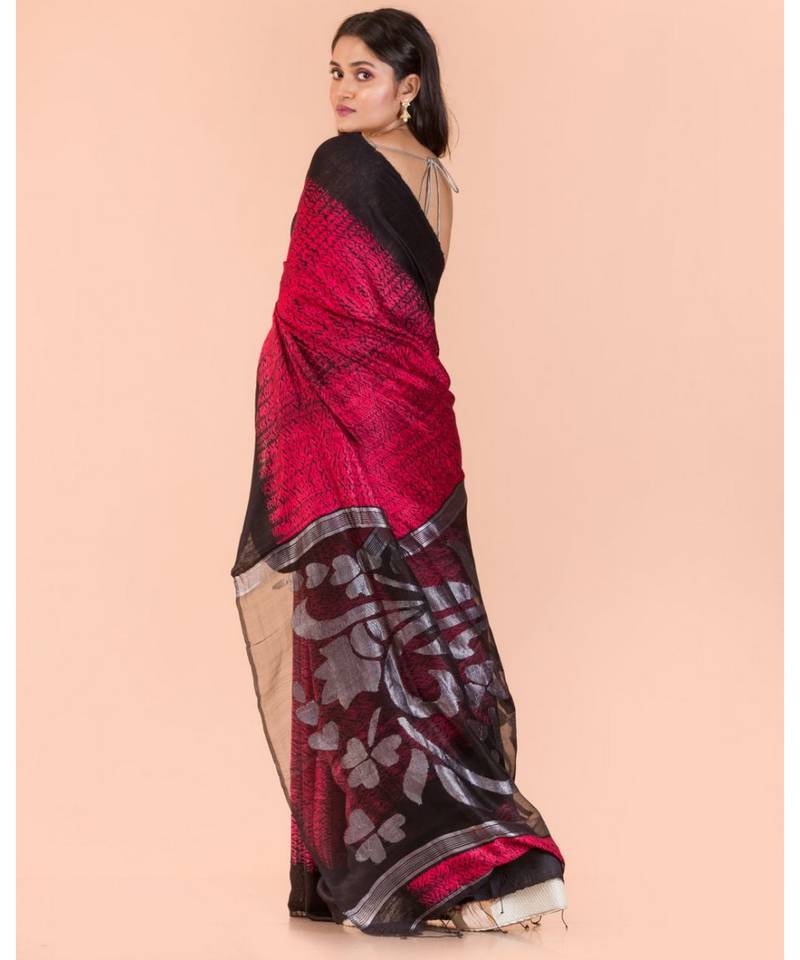 Rose Red Black Matka Silk Jamdani Saree