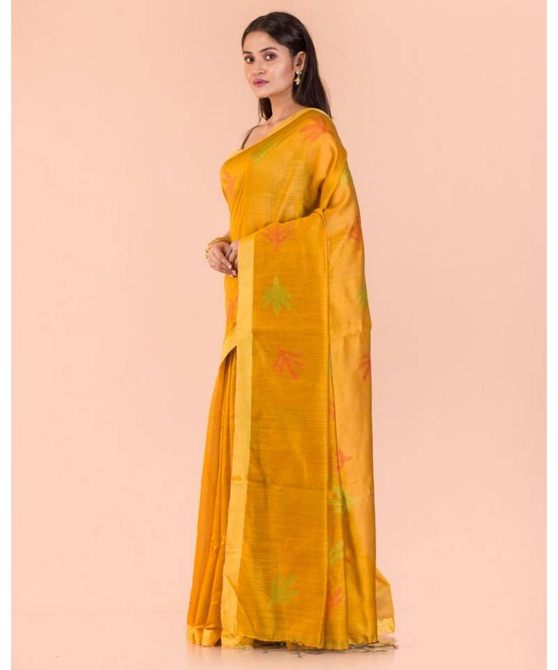 Yellow Blended Cotton Jamdani Saree