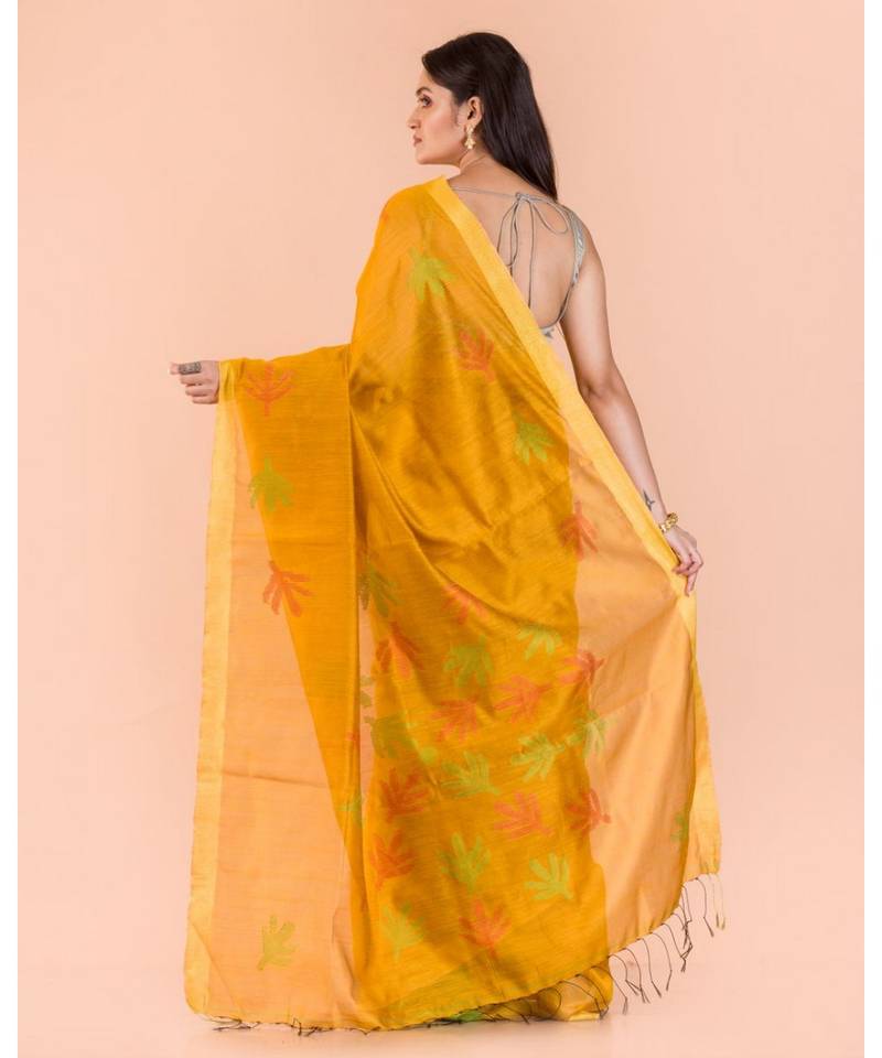 Yellow Blended Cotton Jamdani Saree