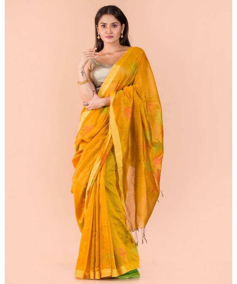Yellow Blended Cotton Jamdani Saree