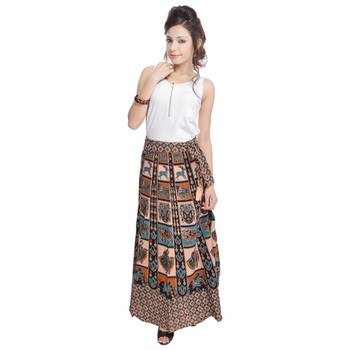 Beige Bagru Printed Cotton Wrap Around Long Skirt 3
