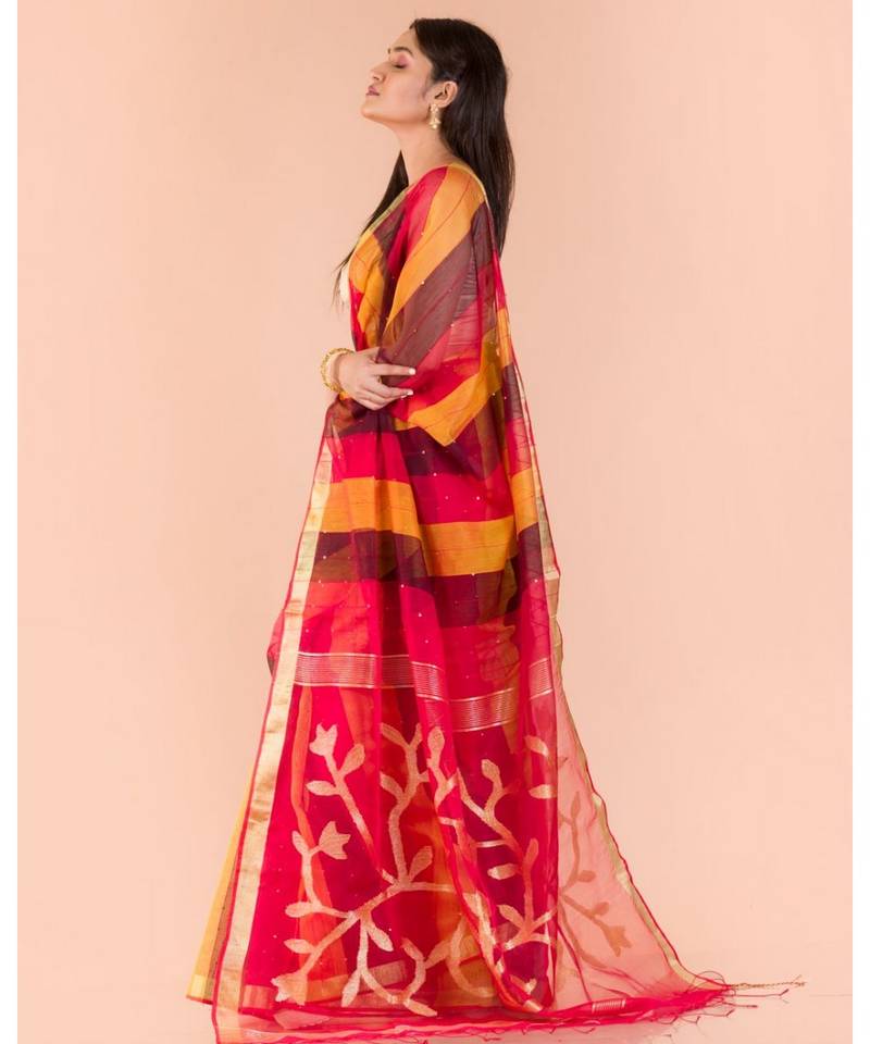Multicolor Handloom Sequins Jamdani saree