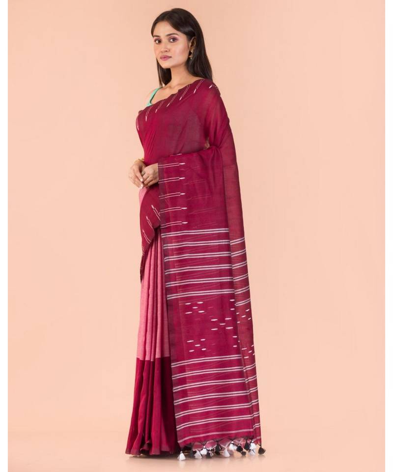 Maroon Peach Handwoven Cotton Saree