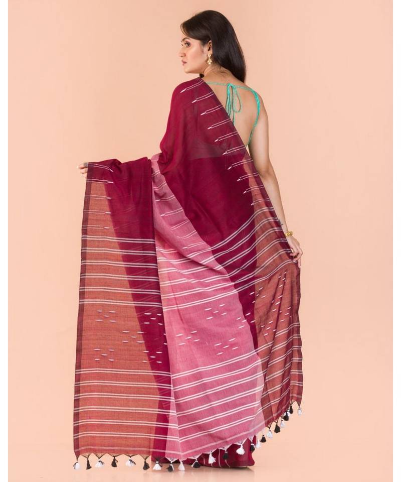 Maroon Peach Handwoven Cotton Saree