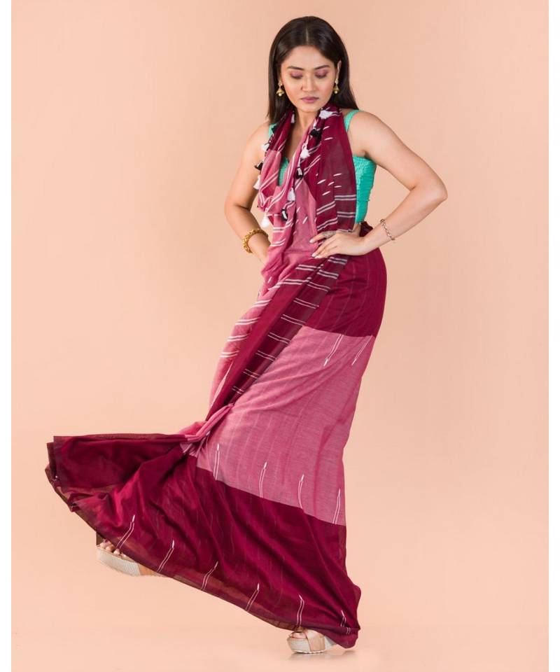 Maroon Peach Handwoven Cotton Saree