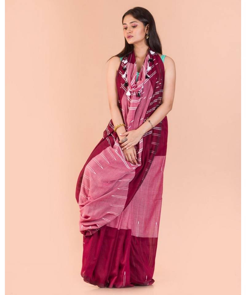 Maroon Peach Handwoven Cotton Saree
