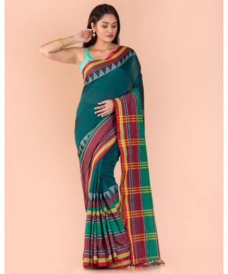 Dark Teal Cotton Begampuri Saree 1
