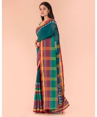 Dark Teal Cotton Begampuri Saree 2