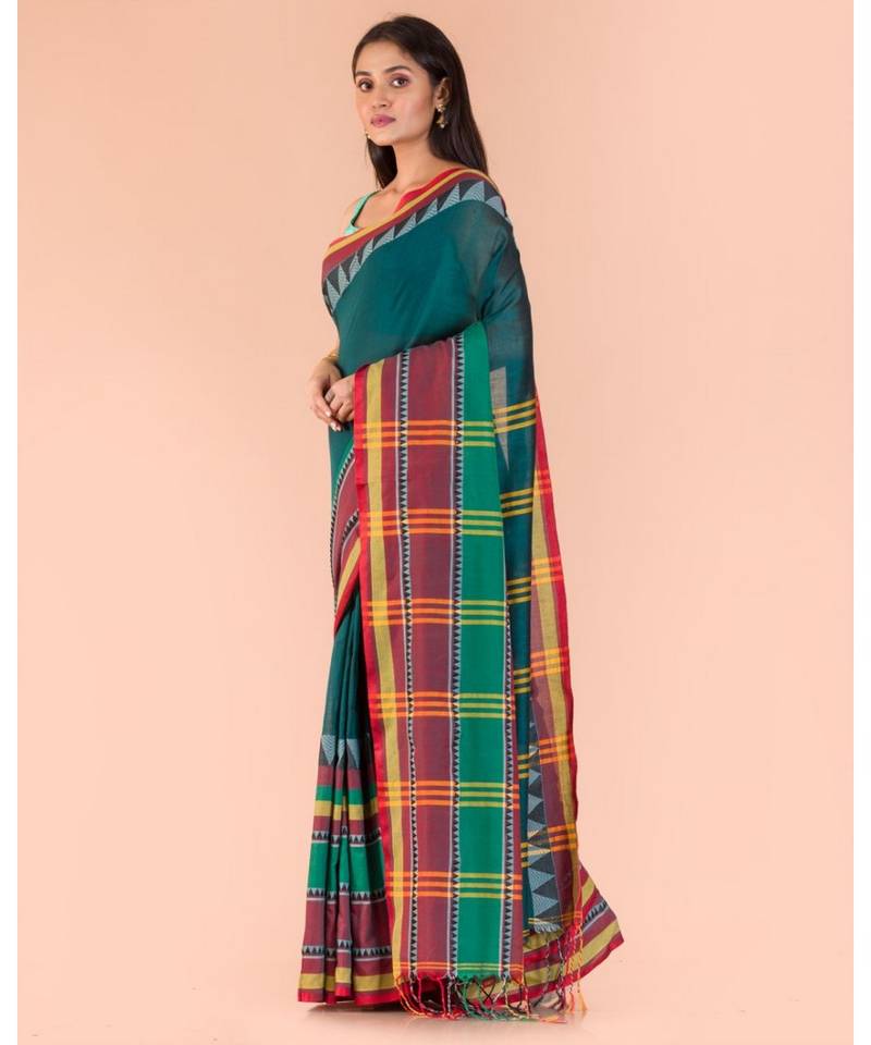 Dark Teal Cotton Begampuri Saree