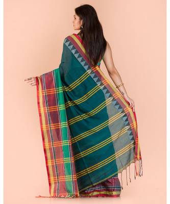 Dark Teal Cotton Begampuri Saree 3