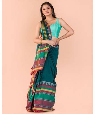 Dark Teal Cotton Begampuri Saree 4