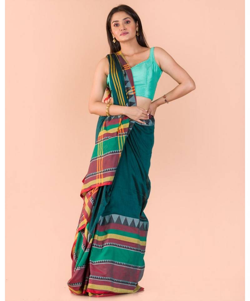 Dark Teal Cotton Begampuri Saree