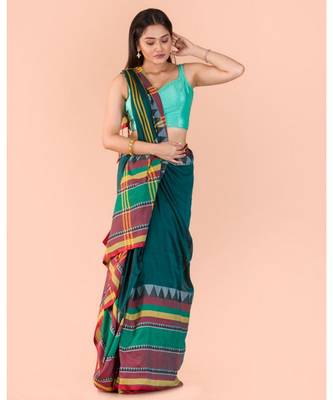 Dark Teal Cotton Begampuri Saree 5