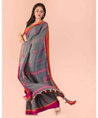Grey Cotton Jamdani Saree 4