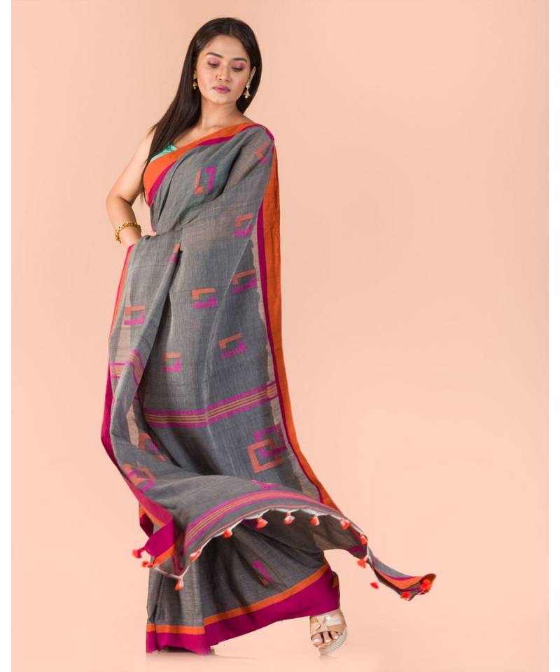 Grey Cotton Jamdani Saree