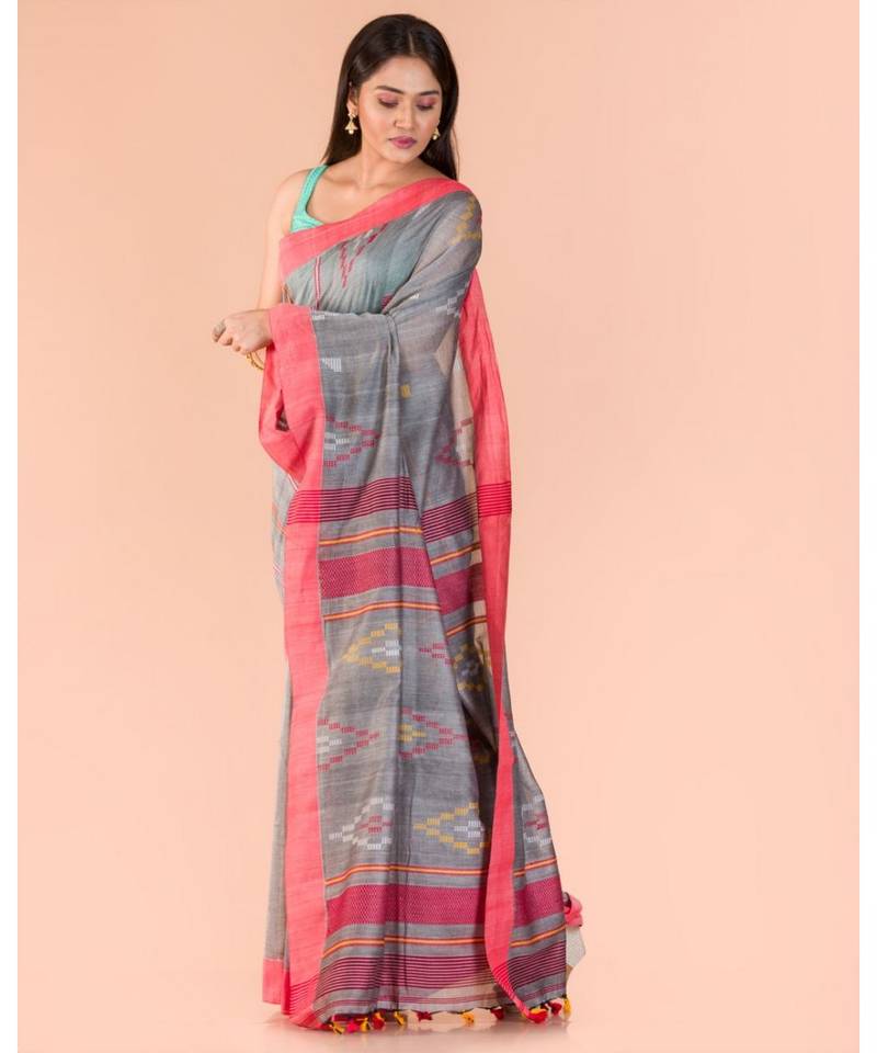 Silver grey Handwoven Cotton Jamdani Saree
