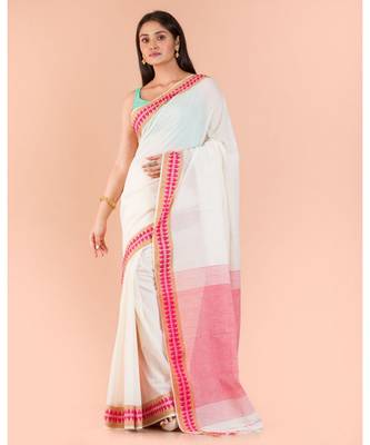 Soft Cream Cotton Tangail Saree 1