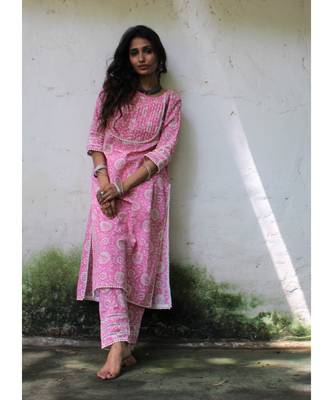 PINK cotton printed stitched  Kurta 1