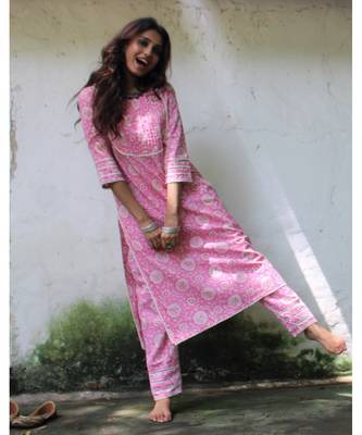 PINK cotton printed stitched  Kurta 2