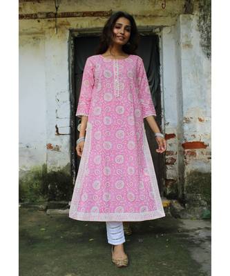 Pink cotton printed stitched  Kurta 1