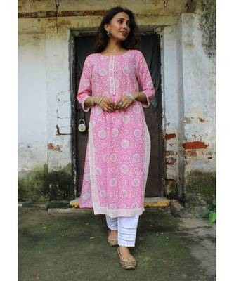 Pink cotton printed stitched  Kurta 2