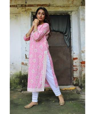 Pink cotton printed stitched  Kurta 4
