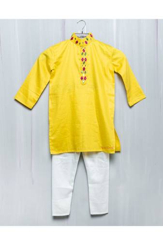yellow cotton mirror work kurta paijama