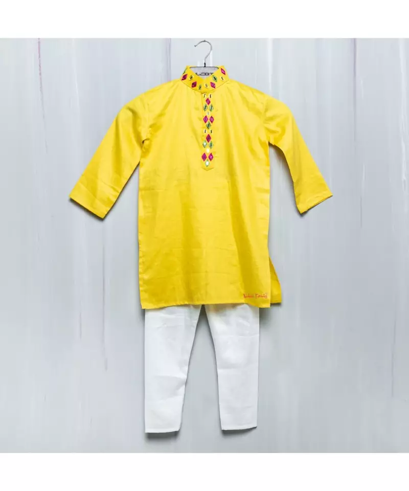 yellow cotton mirror work kurta paijama