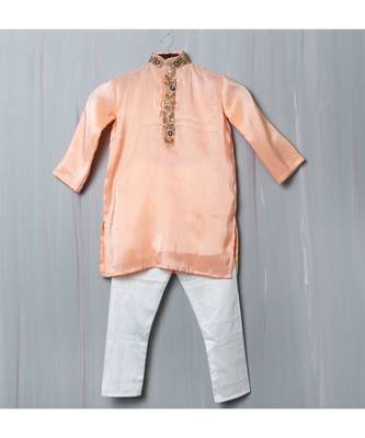 peach zari work silk kurta paijama 1