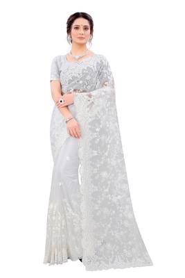White embroidered net saree with blouse 1