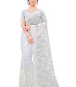 White embroidered net saree with blouse