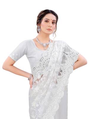 White embroidered net saree with blouse 2