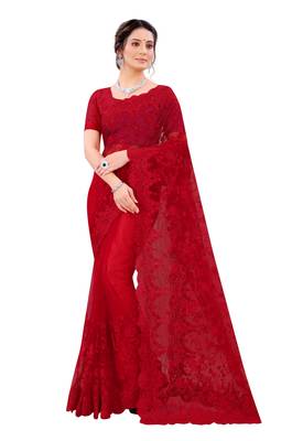 Red embroidered net saree with blouse 1
