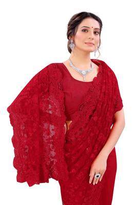 Red embroidered net saree with blouse 2